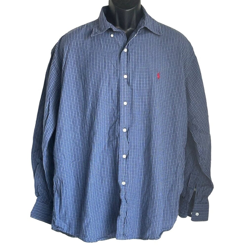 Ralph Lauren Mens Blue Checkered Polo Button Down Shirt Size XL Cotton